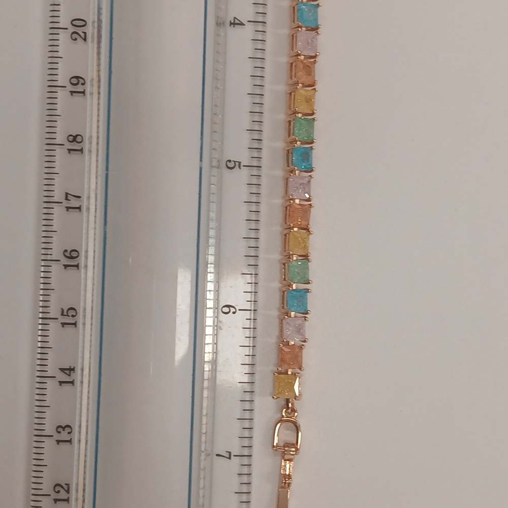 New 18k Yellow Goldplated Princess Cut Multicolor Candy Gemstone Bracelet 7" - Picture 6 of 6